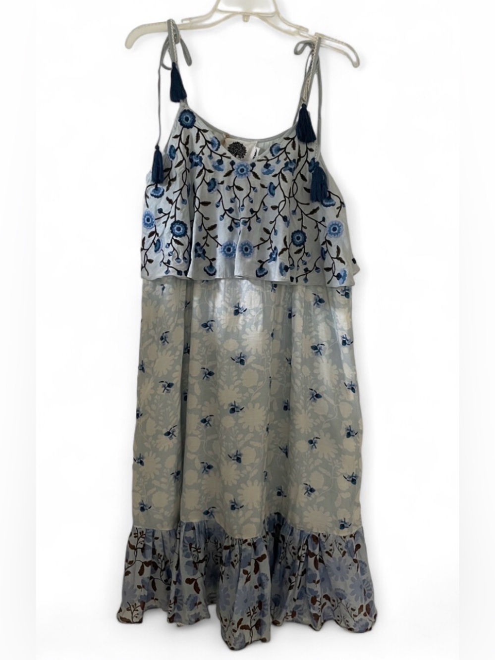 NWT Let Me Be from Anthropologie Love Story Blue Tiered Floral Maxi Dress Size M